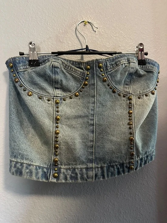 NWT Edikted Studded Washed Denim Lace-Up Corset - Picture 3 of 6